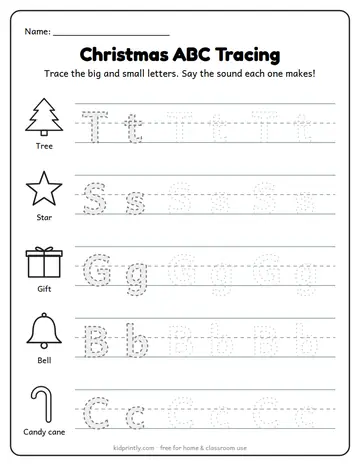 Christmas ABC Tracing: T, S, G, B, C worksheet preview