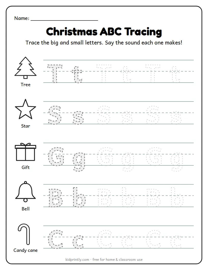 Christmas ABC Tracing: T, S, G, B, C printable worksheet for preschool