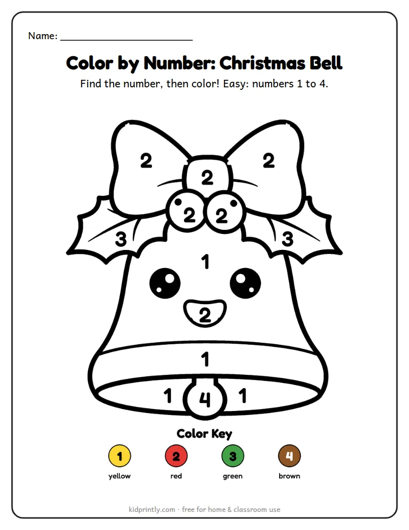 Christmas Bell Color by Number printable worksheet for preschool