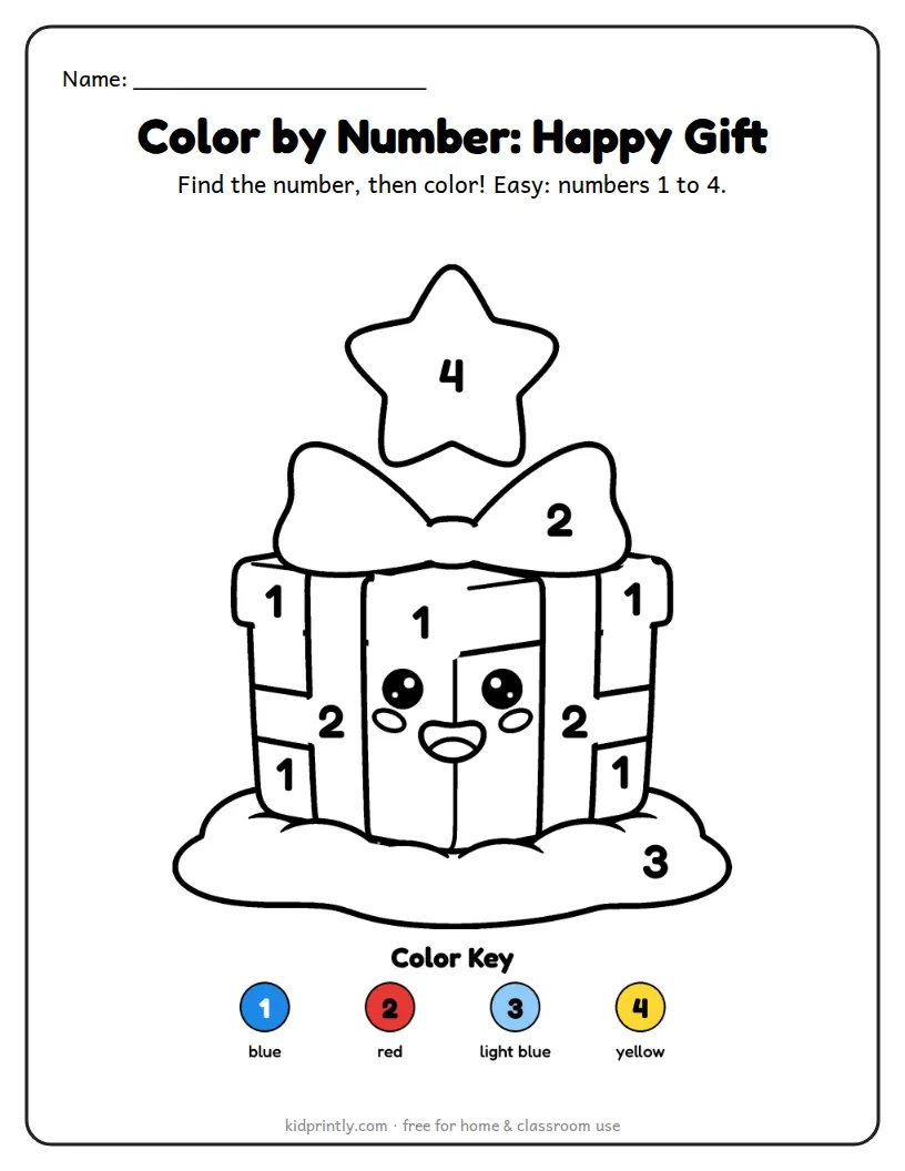 Happy Gift Color by Number printable worksheet for preschool