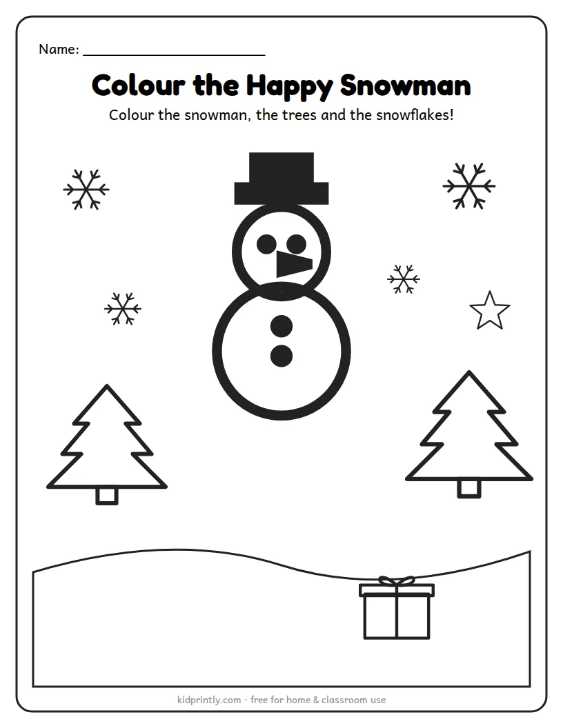 Snowman Colouring Page printable worksheet for preschool