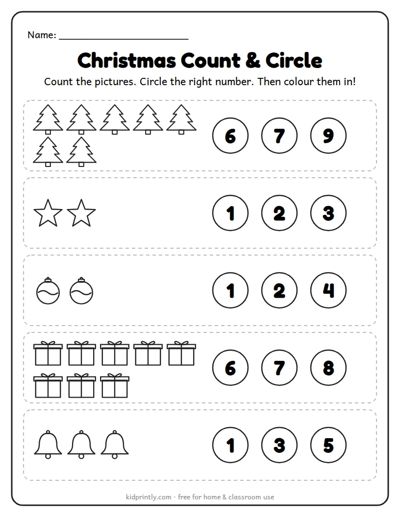 Christmas Count and Circle printable worksheet for preschool