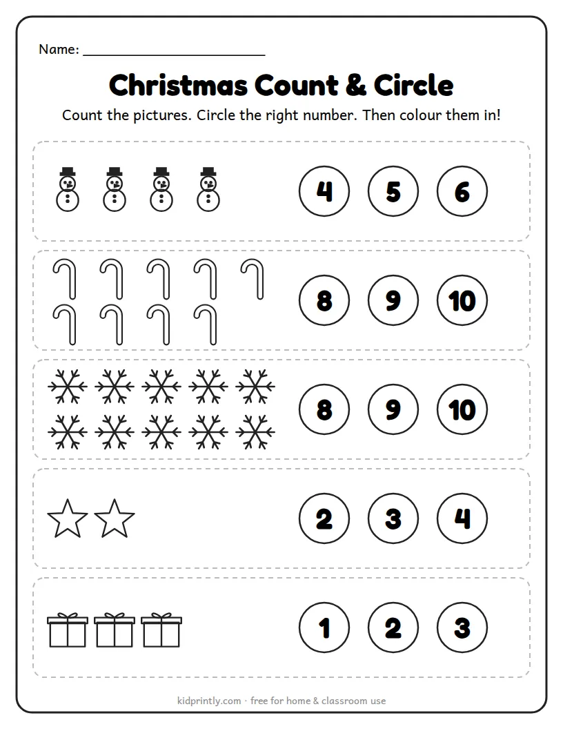 Christmas Count and Circle (Page 2) printable worksheet for preschool