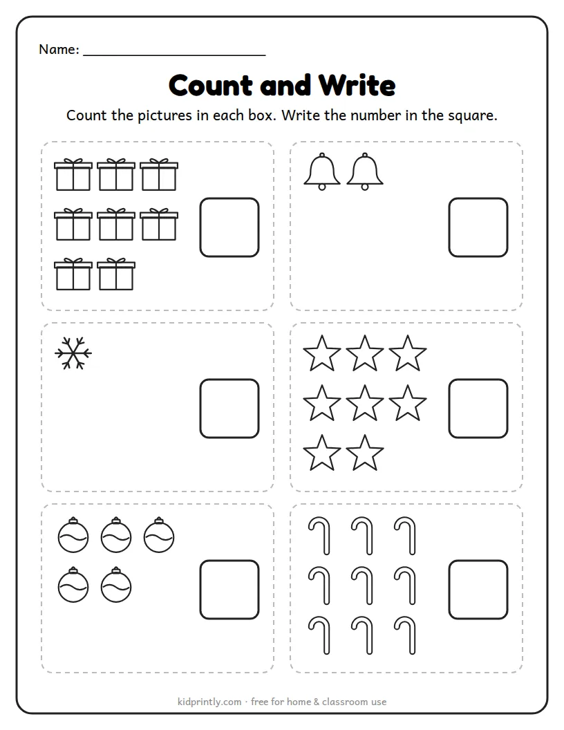 Christmas Count and Write printable worksheet for preschool