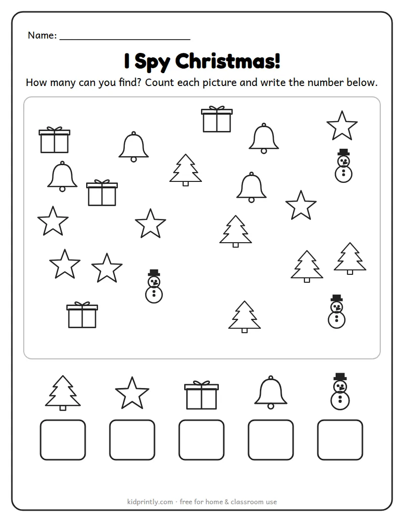 I Spy Christmas Counting printable worksheet for preschool