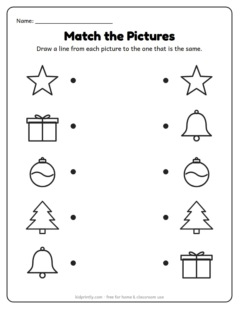 Christmas Match the Pictures printable worksheet for preschool