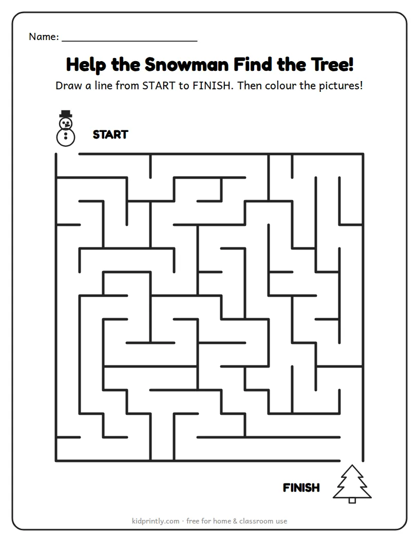 Christmas Maze: Help the Snowman printable worksheet for preschool