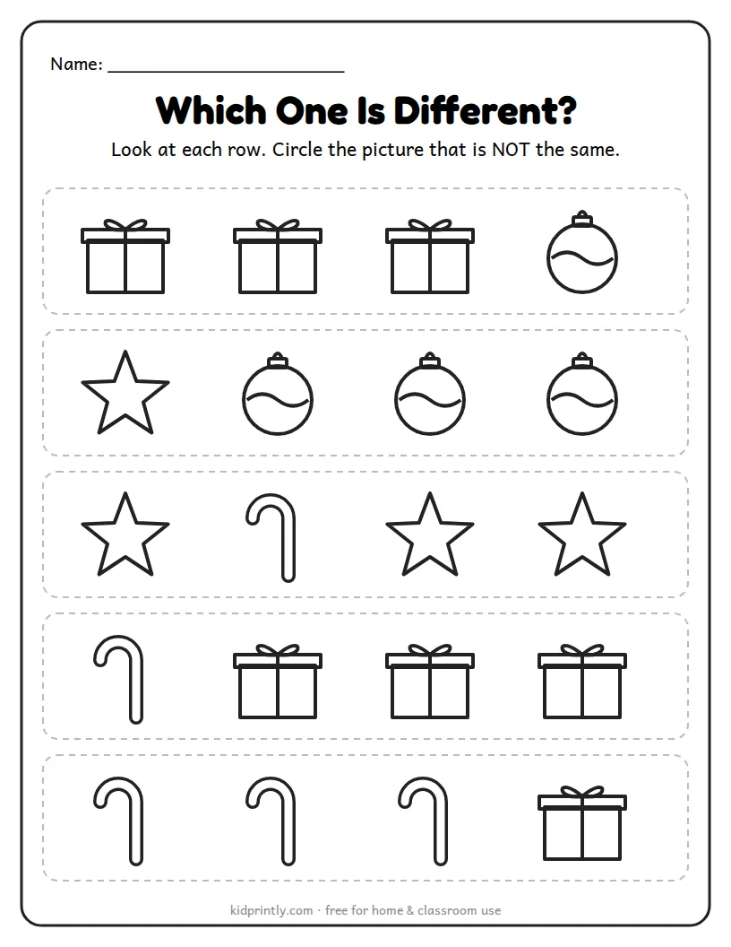 Christmas Which One Is Different printable worksheet for preschool