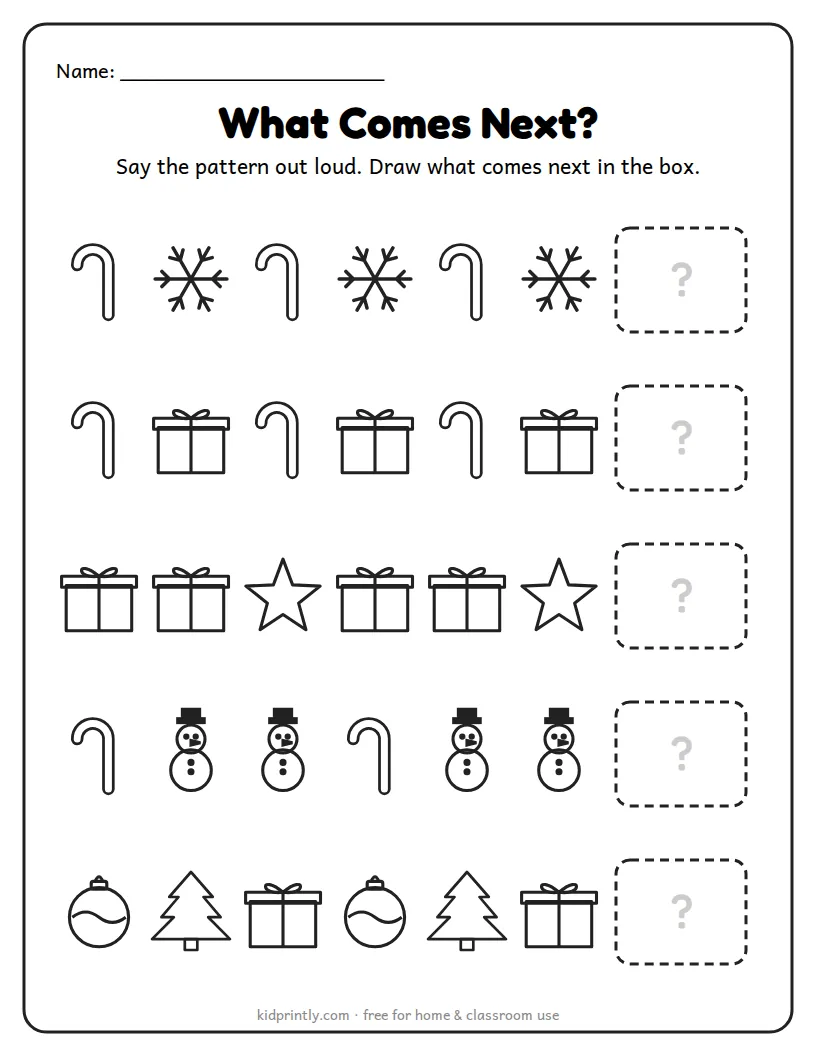 Christmas Patterns: What Comes Next printable worksheet for preschool
