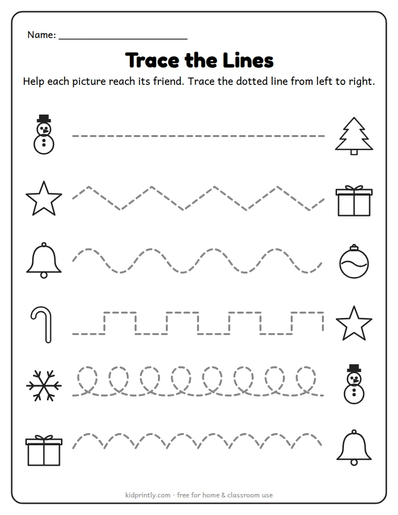 Christmas Trace the Lines printable worksheet for preschool