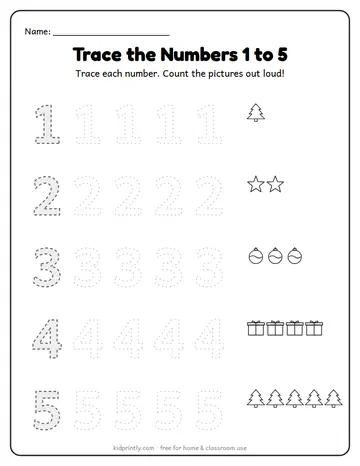 Christmas Number Tracing 1 to 5 worksheet