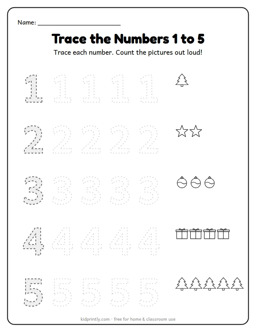 Christmas Number Tracing 1 to 5 printable worksheet for preschool