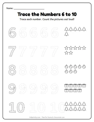 Christmas Number Tracing 6 to 10 worksheet