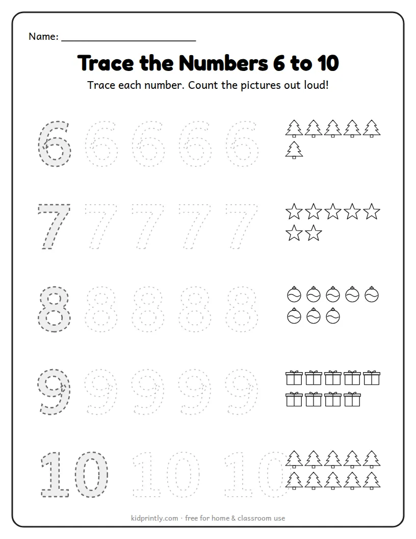 Christmas Number Tracing 6 to 10 printable worksheet for preschool
