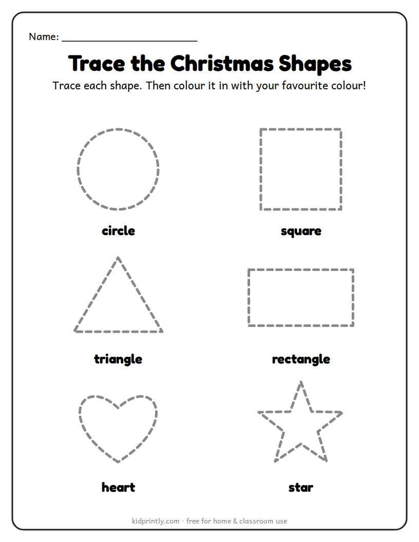 Christmas Trace the Shapes printable worksheet for preschool
