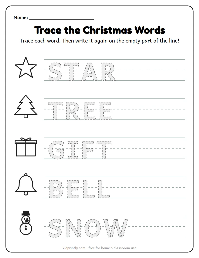Trace the Christmas Words printable worksheet for preschool