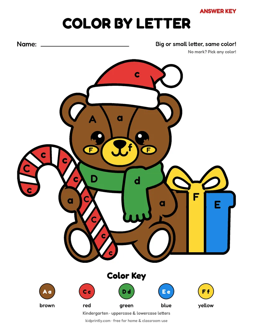 Teddy Bear Color by Letter answer key, fully colored