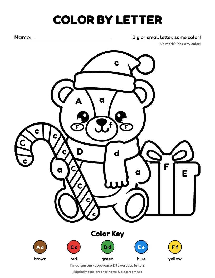 Teddy Bear Color by Letter printable worksheet, kindergarten