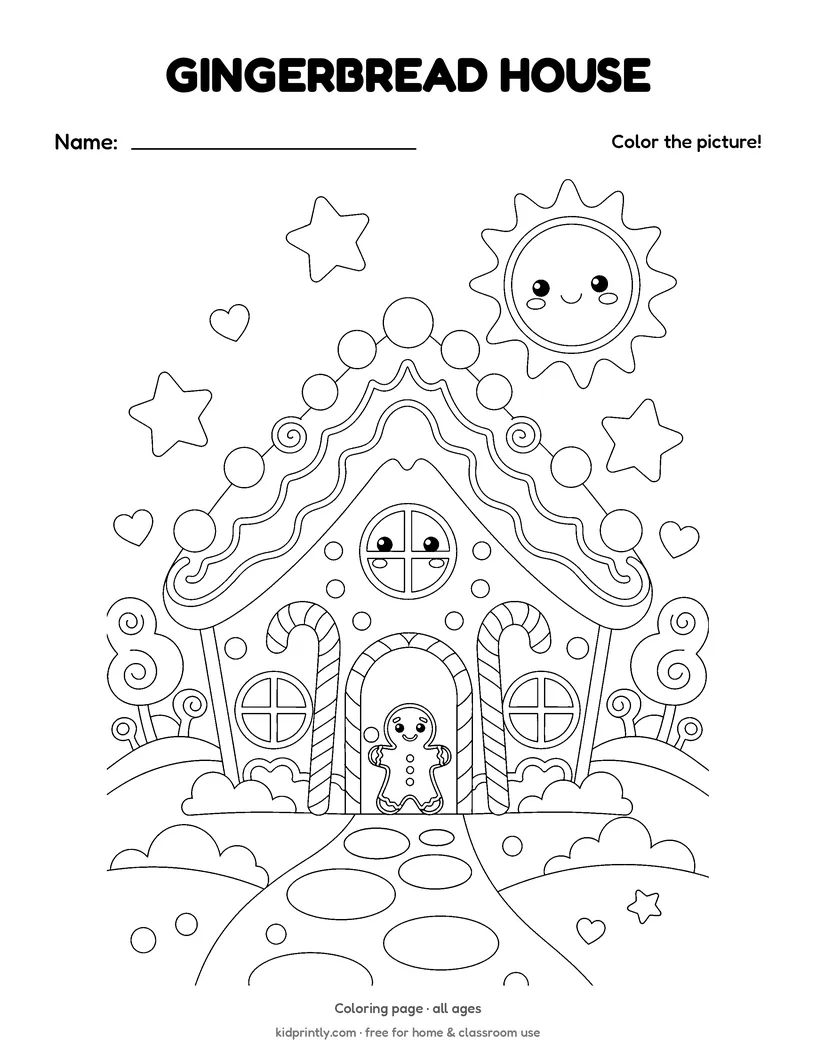 Gingerbread House Coloring Page printable worksheet, all ages