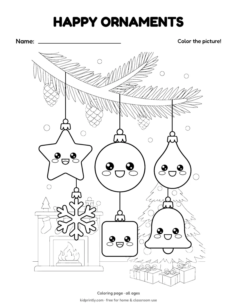 Happy Ornaments Coloring Page printable worksheet, all ages