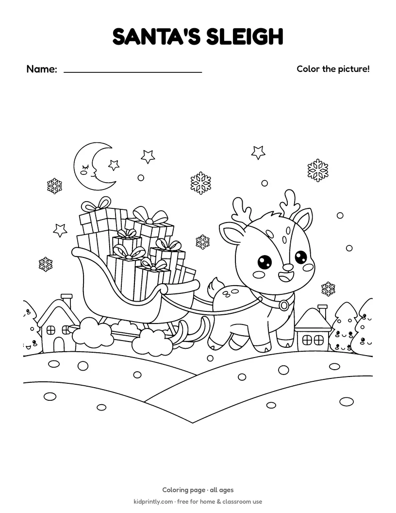 Santa's Sleigh Coloring Page printable worksheet, all ages