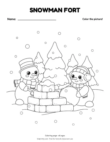 Snowman Fort Coloring Page, all ages, fine motor