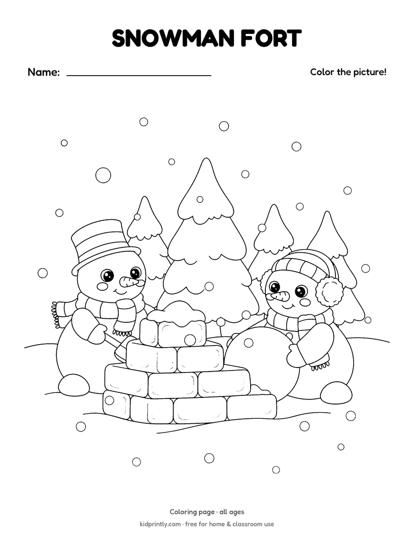 Snowman Fort Coloring Page printable worksheet, all ages