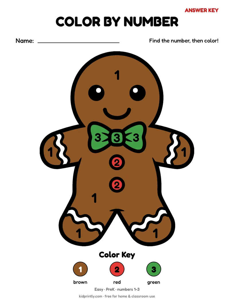 Gingerbread Man Color by Number answer key, fully colored