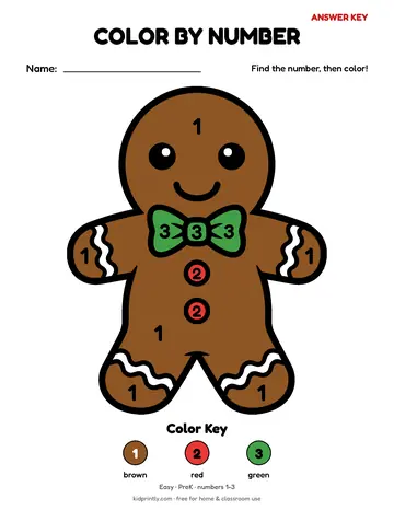 Gingerbread Man Color by Number, easy · prek, numbers 1-3, colored preview