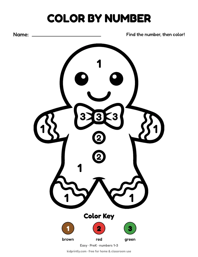 Gingerbread Man Color by Number printable worksheet, easy · prek