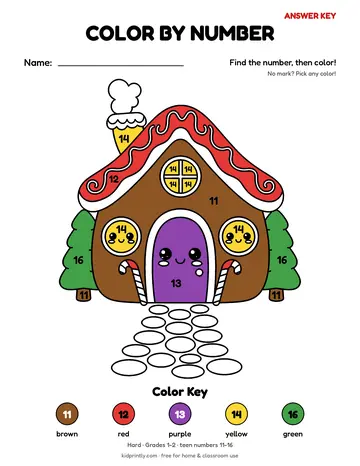 Gingerbread House Color by Number, hard · grades 1-2, teen numbers 11-16, colored preview