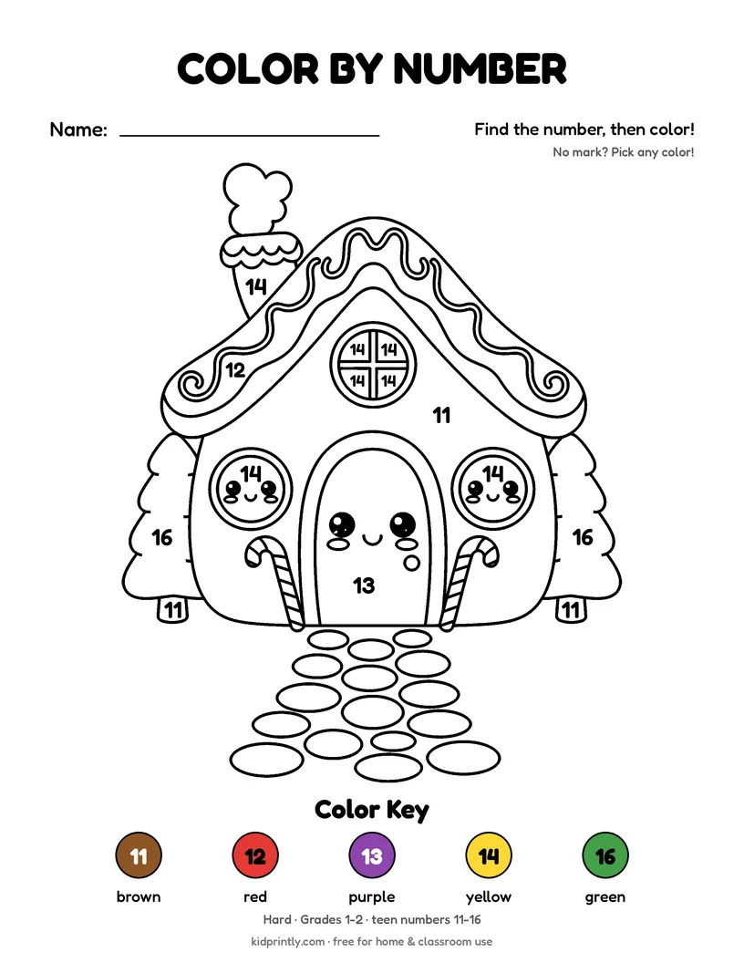 Gingerbread House Color by Number printable worksheet, hard · grades 1-2