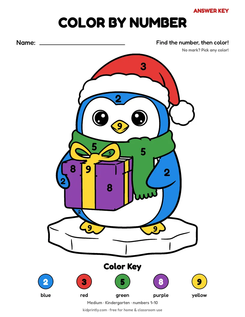 Penguin with a Gift Color by Number answer key, fully colored