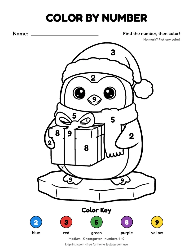 Penguin with a Gift Color by Number printable worksheet, medium · kindergarten