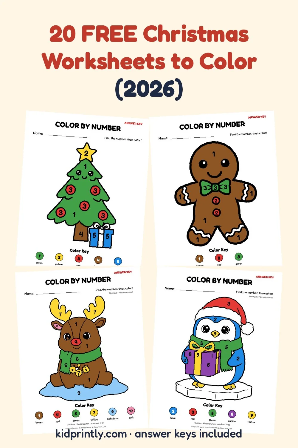 20 Free Christmas Worksheets to Color: preview of four sheets