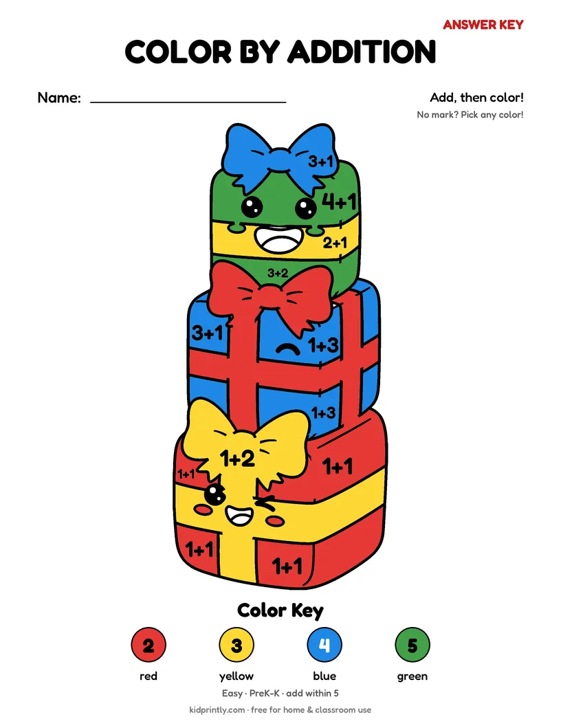 Christmas Presents Color by Addition answer key, fully colored