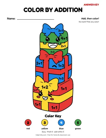 Christmas Presents Color by Addition, easy · prek-k, add within 5, colored preview