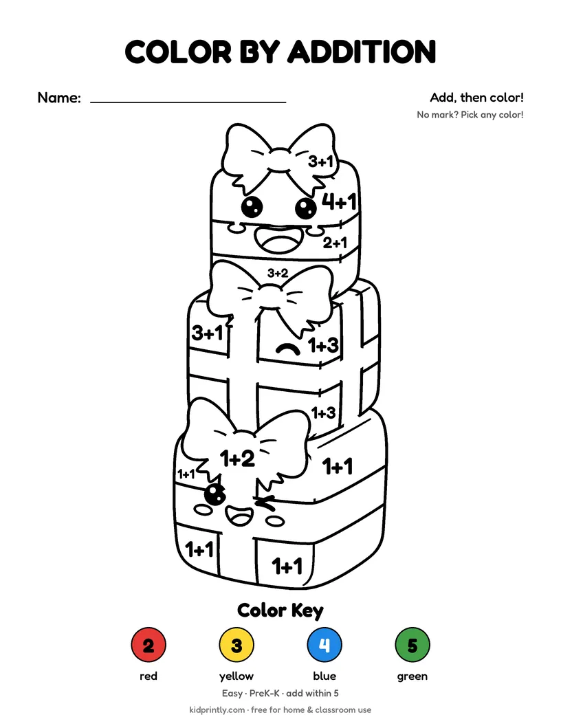 Christmas Presents Color by Addition printable worksheet, easy · prek-k