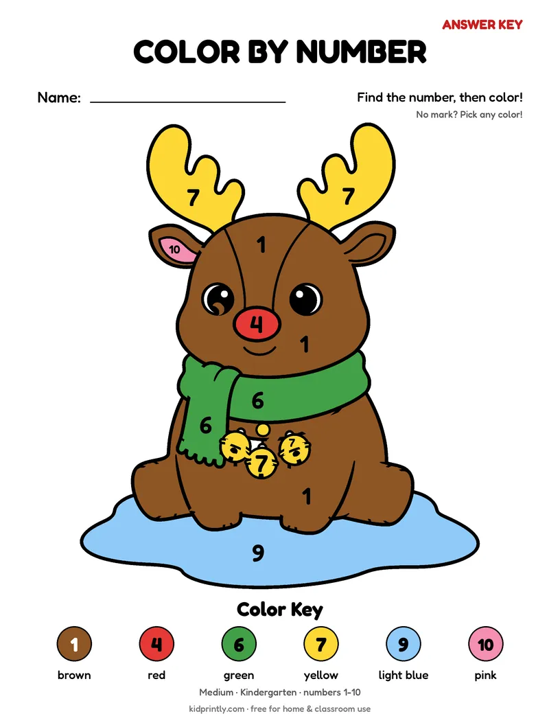 Reindeer Color by Number answer key, fully colored