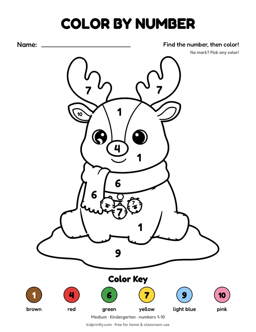 Reindeer Color by Number printable worksheet, medium · kindergarten