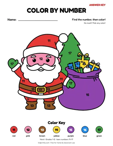 Santa Claus Color by Number, hard · grades 1-2, teen numbers 11-17, colored preview