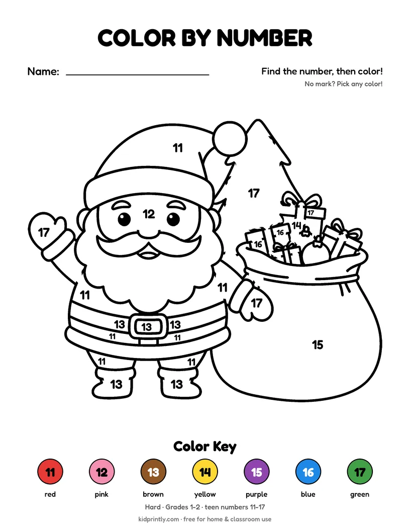 Santa Claus Color by Number printable worksheet, hard · grades 1-2
