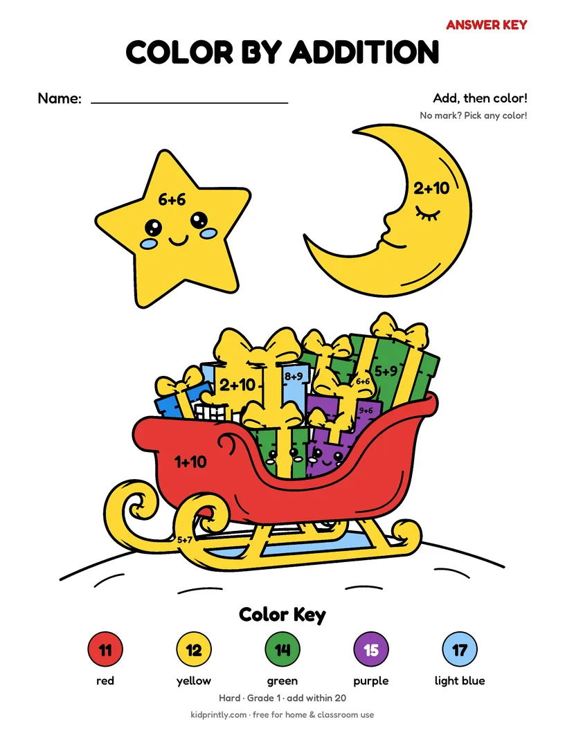 Santa's Sleigh Color by Addition answer key, fully colored