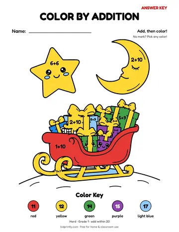 Santa's Sleigh Color by Addition, hard · grade 1, add within 20, colored preview
