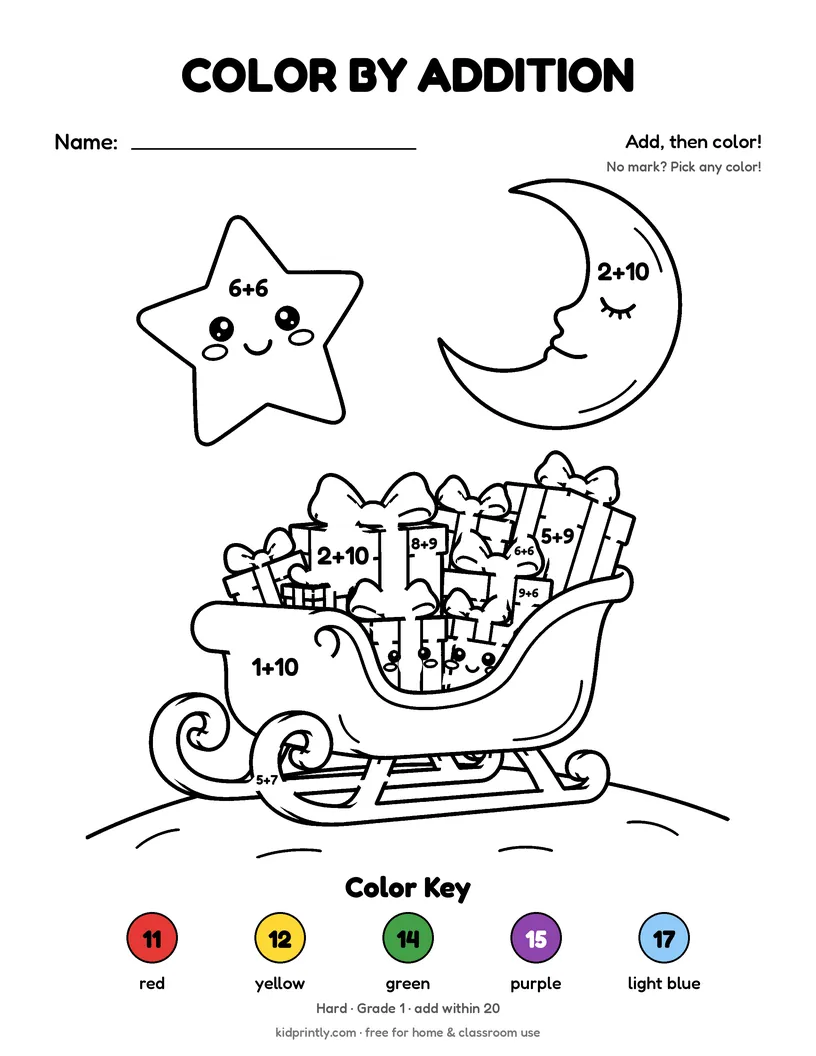 Santa's Sleigh Color by Addition printable worksheet, hard · grade 1