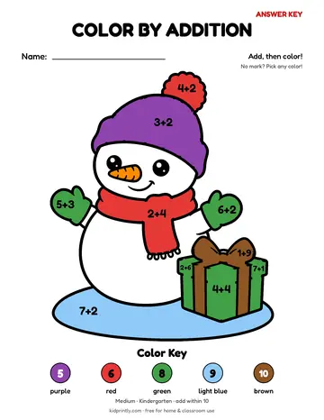 Snowman Color by Addition, medium · kindergarten, add within 10, colored preview