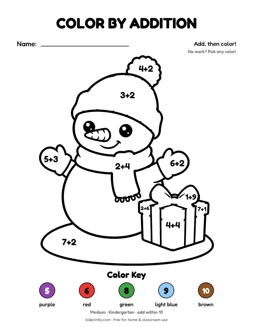 Snowman Color by Addition printable worksheet, medium · kindergarten