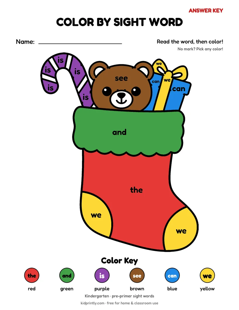 Christmas Stocking Color by Sight Word answer key, fully colored
