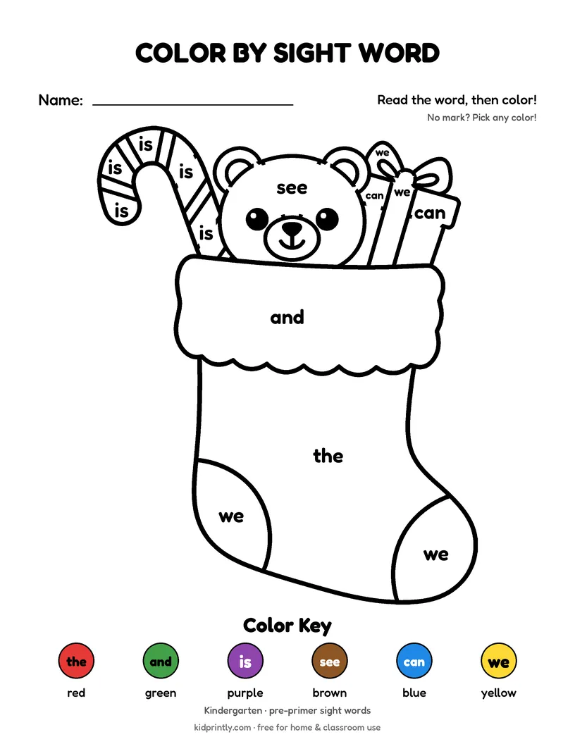 Christmas Stocking Color by Sight Word printable worksheet, kindergarten