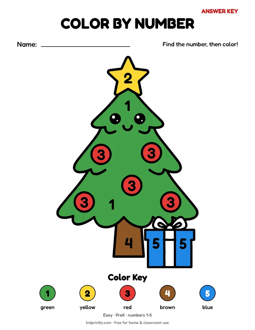 Christmas Tree Color by Number answer key, fully colored